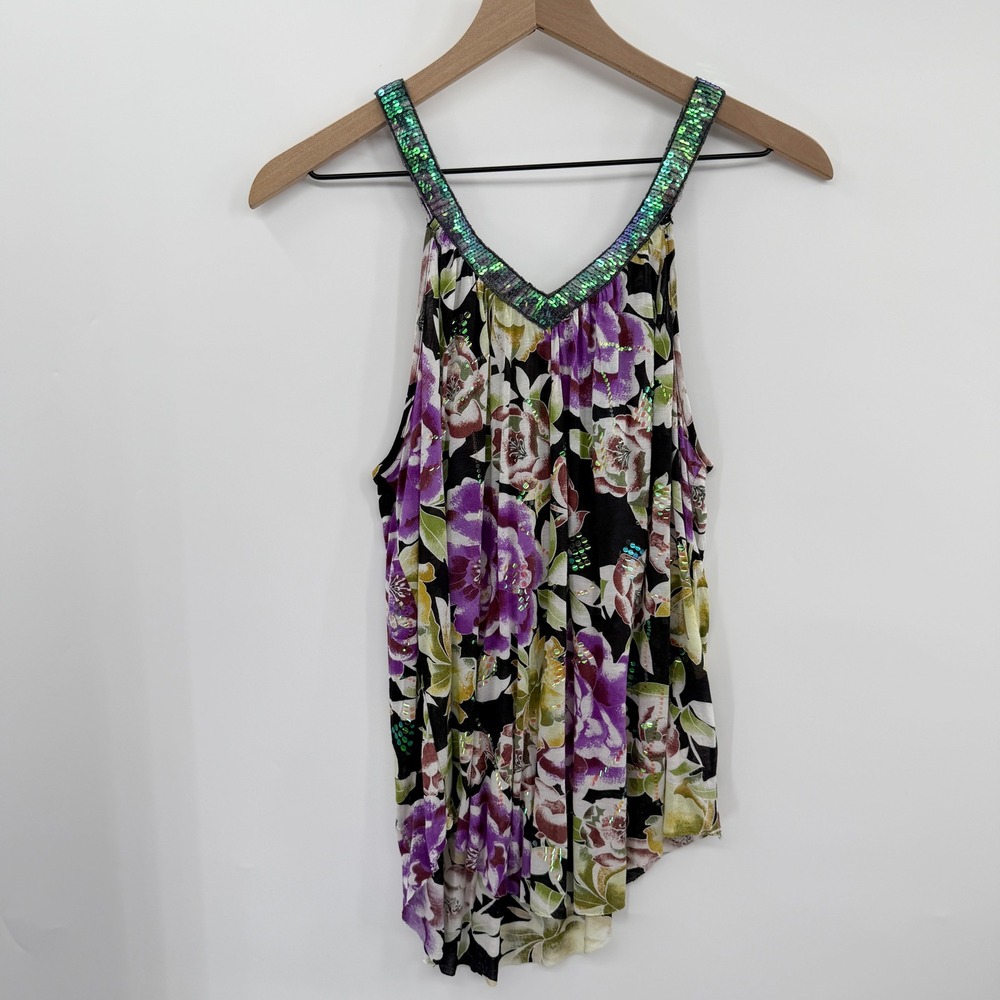 Vintage Y2K Free People‎ Sequin Floral Tank Top in Purple Green Size XS